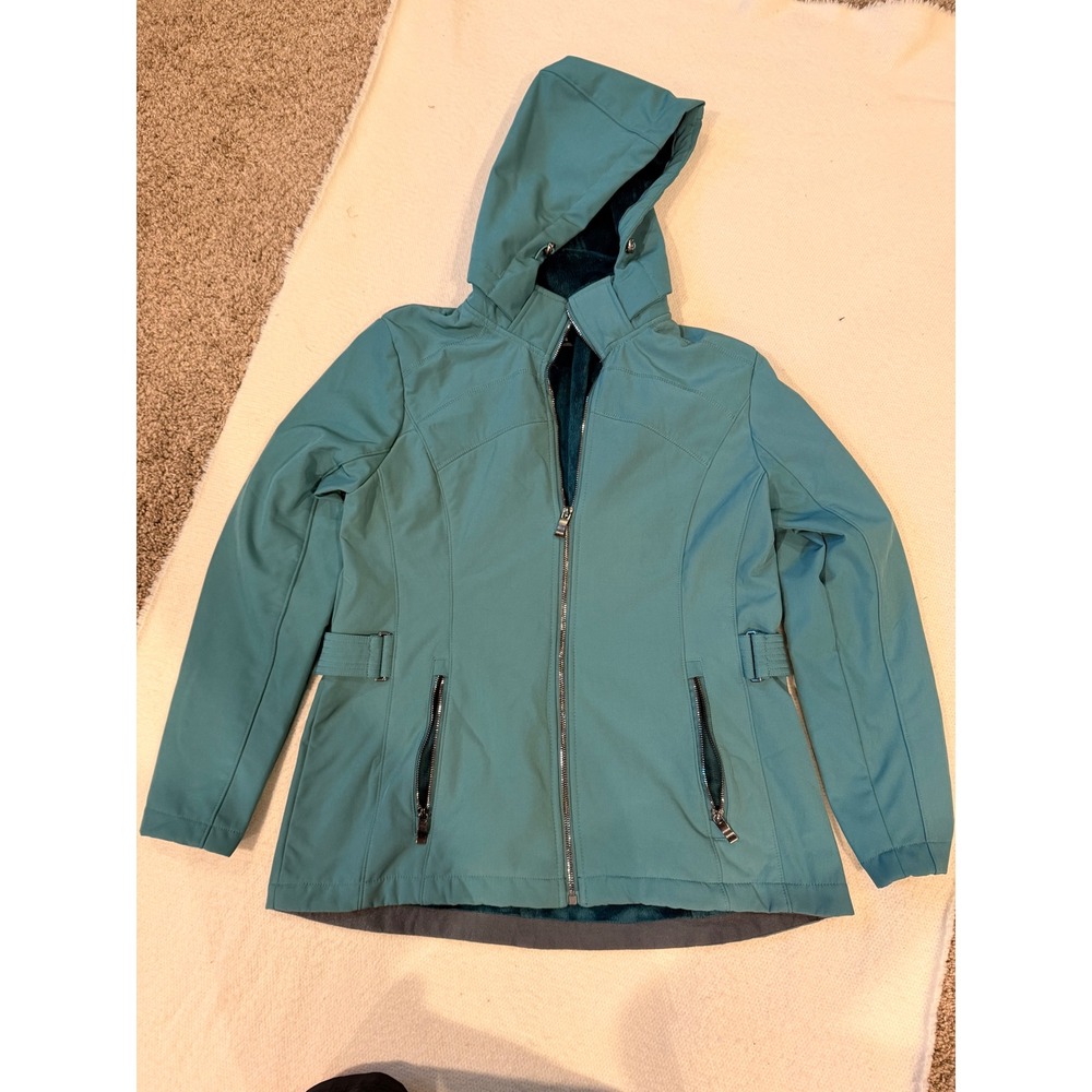 ZeroXposur Womens Softshell Hooded Jacket Teal Blue Faux Fur Lined Large (691)